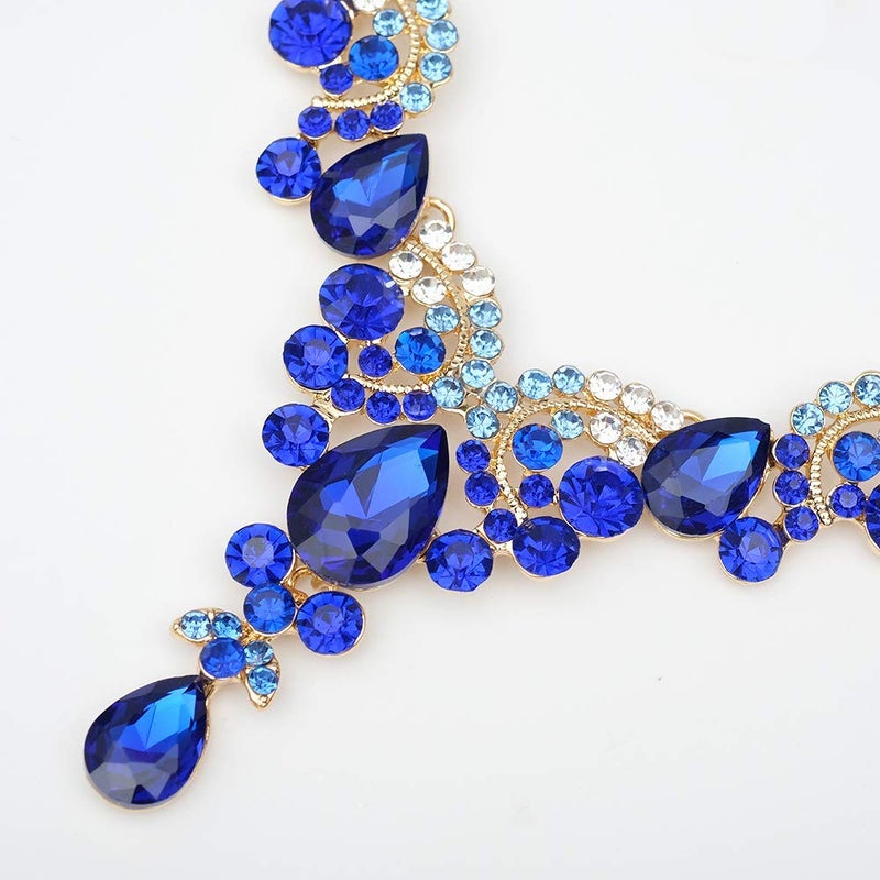 CSY 4 Pcs/Sets Elegant Crystal Necklace Earrings Bracelet Ring Bridal Wedding Costume Jewelry Sets for Brides Women Gifts (Royal Blue) - Image 4